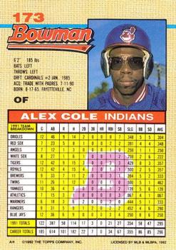 1992 Bowman #173 Alex Cole Back