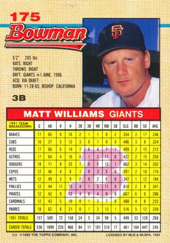 1992 Bowman #175 Matt Williams Back