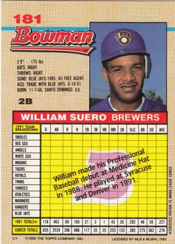 1992 Bowman #181 William Suero Back