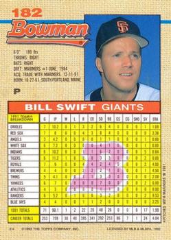 1992 Bowman #182 Bill Swift Back