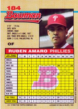 1992 Bowman #184 Ruben Amaro Back