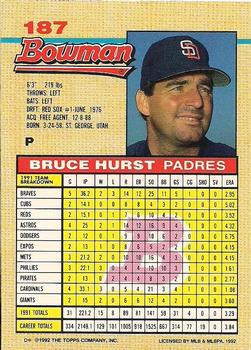 1992 Bowman #187 Bruce Hurst Back