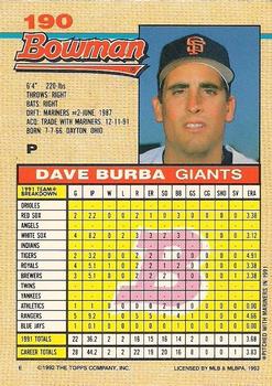 1992 Bowman #190 Dave Burba Back