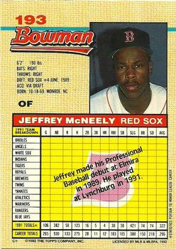 1992 Bowman #193 Jeffrey McNeely Back