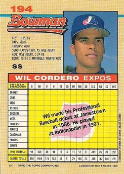 1992 Bowman #194 Wil Cordero Back
