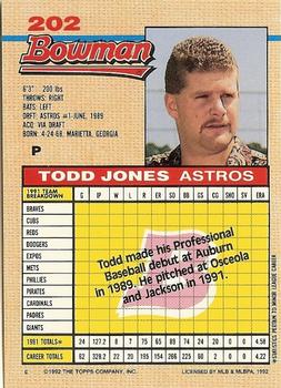 1992 Bowman #202 Todd Jones Back