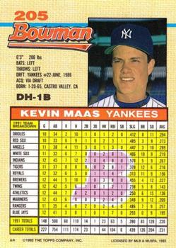 1992 Bowman #205 Kevin Maas Back