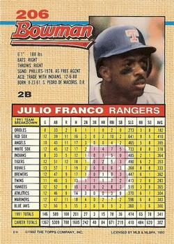 1992 Bowman #206 Julio Franco Back