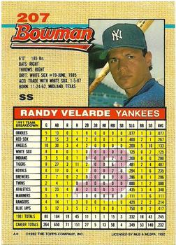 1992 Bowman #207 Randy Velarde Back