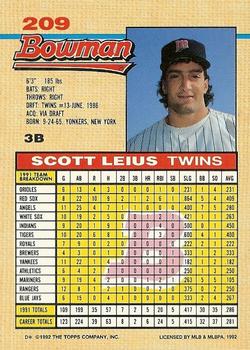 1992 Bowman #209 Scott Leius Back