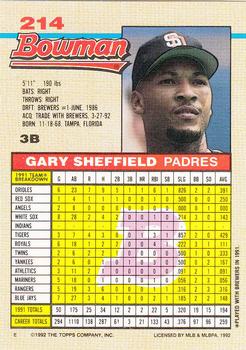 1992 Bowman #214 Gary Sheffield Back