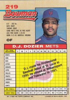 1992 Bowman #219 D.J. Dozier Back