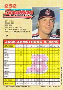 1992 Bowman #252 Jack Armstrong Back