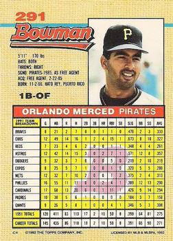 1992 Bowman #291 Orlando Merced Back