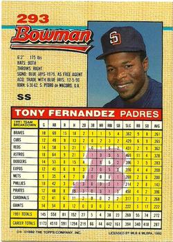 1992 Bowman #293 Tony Fernandez Back