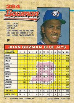1992 Bowman #294 Juan Guzman Back