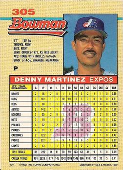 1992 Bowman #305 Denny Martinez Back
