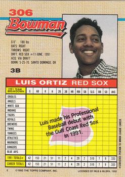 1992 Bowman #306 Luis Ortiz Back