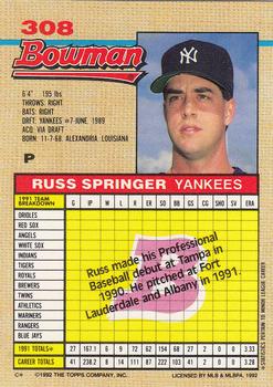 1992 Bowman #308 Russ Springer Back