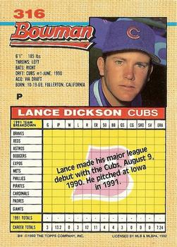 1992 Bowman #316 Lance Dickson Back