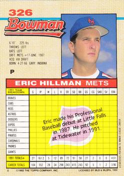 1992 Bowman #326 Eric Hillman Back