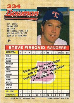 1992 Bowman #334 Steve Fireovid Back