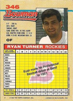 1992 Bowman #346 Ryan Turner Back