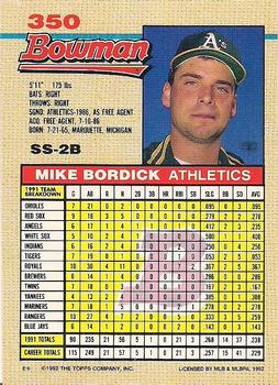 1992 Bowman #350 Mike Bordick Back