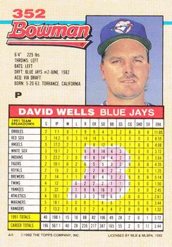 1992 Bowman #352 David Wells Back