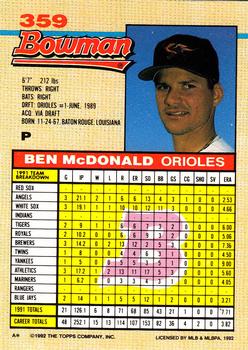 1992 Bowman #359 Ben McDonald Back