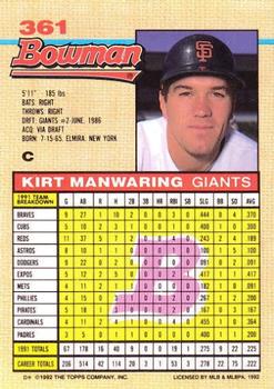 1992 Bowman #361 Kirt Manwaring Back