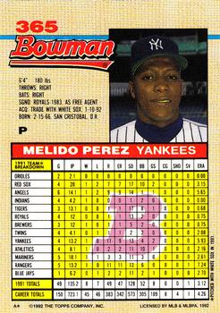 1992 Bowman #365 Melido Perez Back
