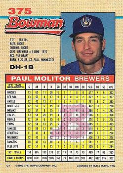 1992 Bowman #375 Paul Molitor Back