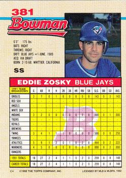 1992 Bowman #381 Eddie Zosky Back