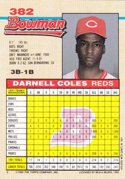 1992 Bowman #382 Darnell Coles Back