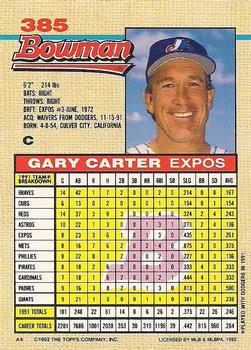 1992 Bowman #385 Gary Carter Back