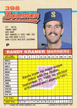 1992 Bowman #398 Randy Kramer Back