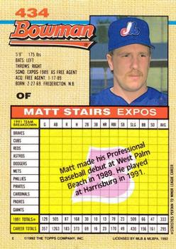 1992 Bowman #434 Matt Stairs Back