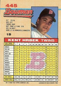 1992 Bowman #445 Kent Hrbek Back