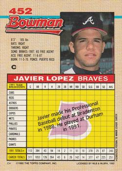 1992 Bowman #452 Javier Lopez Back