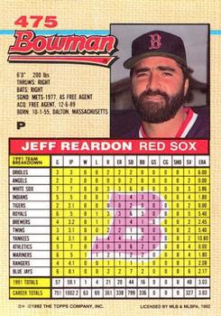 1992 Bowman #475 Jeff Reardon Back