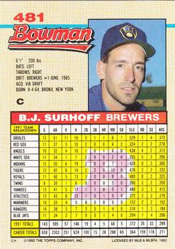 1992 Bowman #481 B.J. Surhoff Back