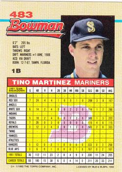 1992 Bowman #483 Tino Martinez Back