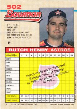 1992 Bowman #502 Butch Henry Back
