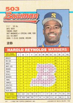 1992 Bowman #503 Harold Reynolds Back