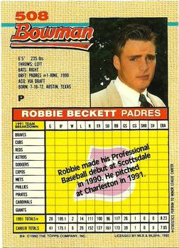 1992 Bowman #508 Robbie Beckett Back