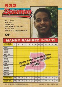 1992 Bowman #532 Manny Ramirez Back