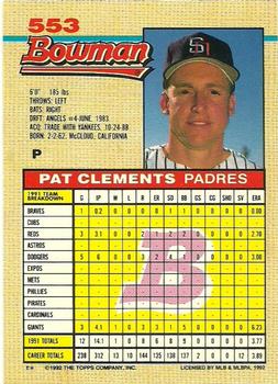 1992 Bowman #553 Pat Clements Back