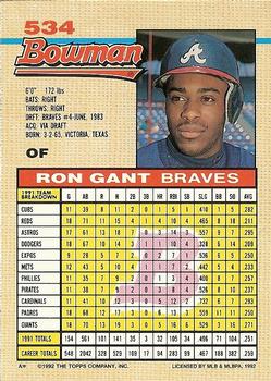 1992 Bowman #534 Ron Gant Back