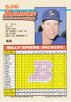 1992 Bowman #536 Bill Spiers Back